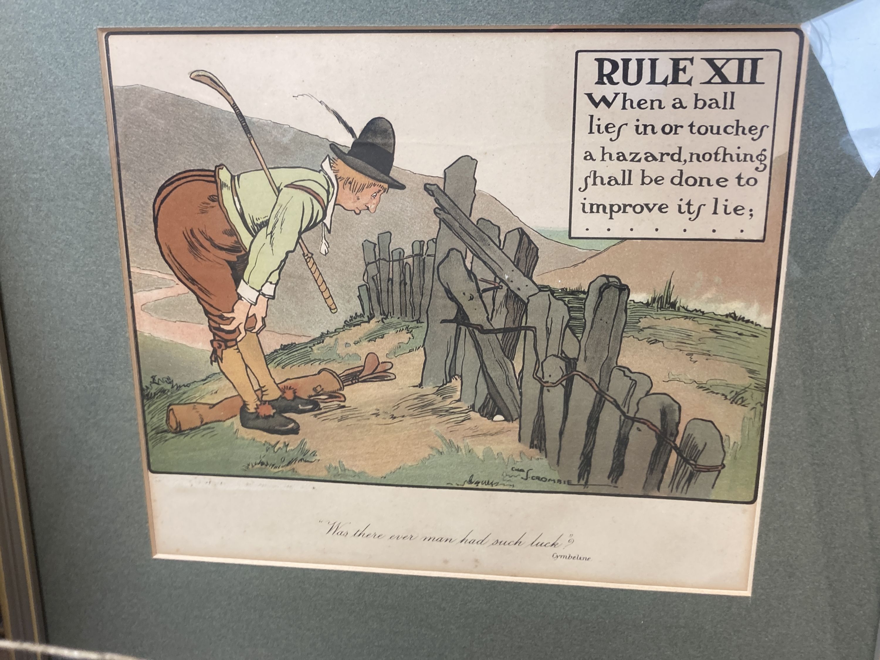 Charles Crombie, set of twelve comical golfing prints, Perrier Golf Rules